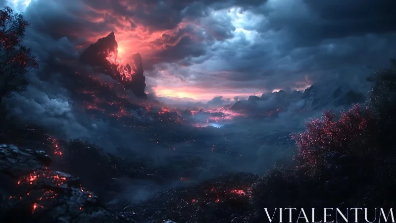 Ember-veined valley beneath a storm-crowned volcanic dawn.