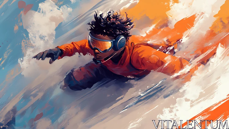 Dynamic snowboarder in orange suit slicing abstract snowfield.