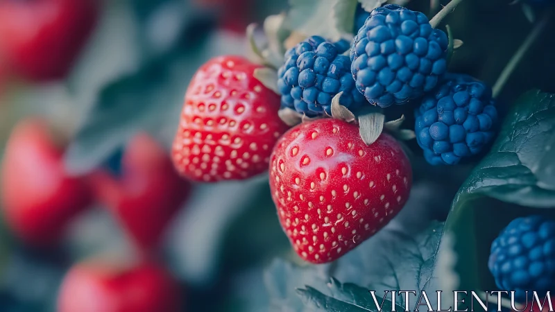 Ripe strawberries and blackberries hang clustered on leafy plant