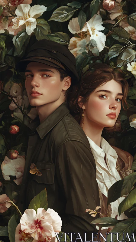 Dual portrait integrates floral environment with soft diffused lighting