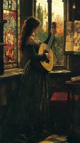 Woman plays stringed instrument beside stained glass window