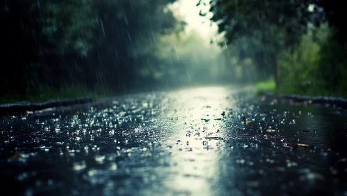 High-speed rainfall impacts on wet asphalt with shallow depth of field