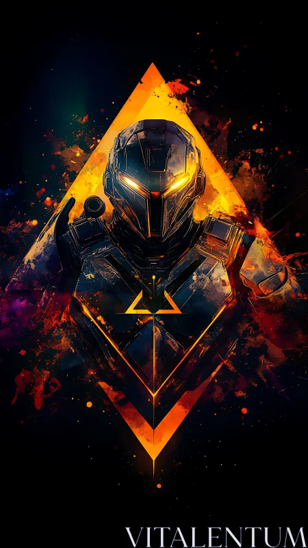 Armored cybernetic sentinel framed by luminous triangular energy field