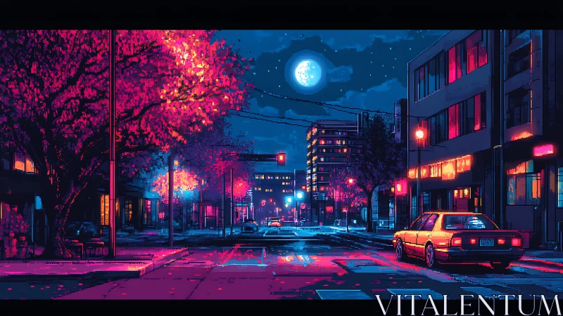 Midnight city crossroads glowing in neon moonlight.