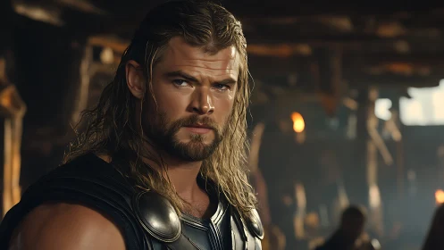 Long haired warrior in armor stands in dim wooden hall.