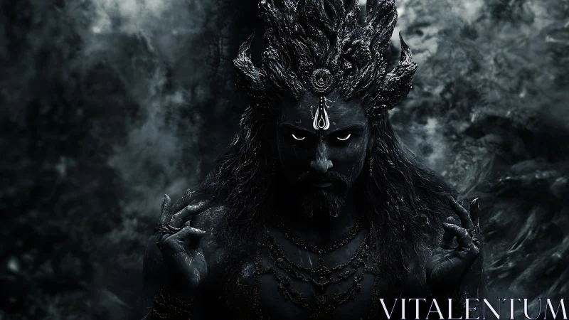 Mythic dark deity portrait rendered in high-contrast digital art