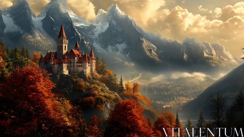 Castle stands above autumn forest with snow covered mountains
