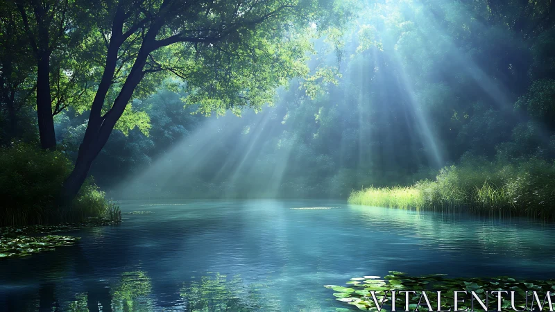 Serene forest pond with sunbeams, photorealistic nature scene.