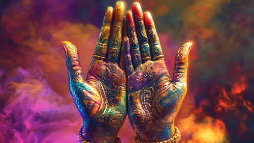 Gilded ornate hands in iridescent light against chromatic haze.