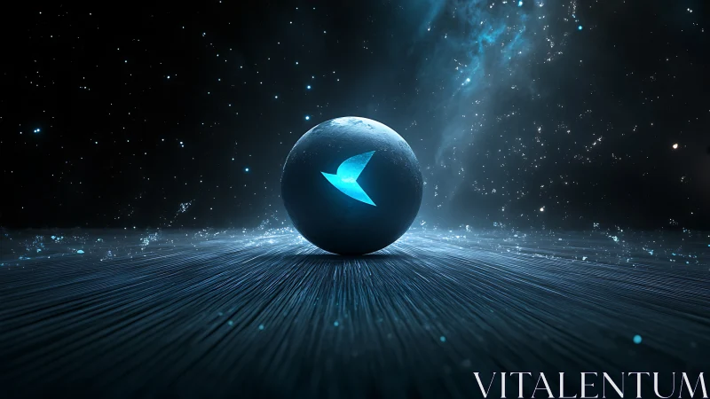 Luminous cyan emblem sphere on cosmic particle field plane