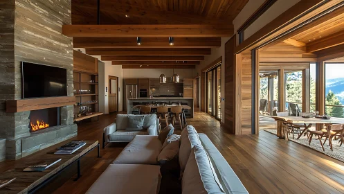 Open-plan timber interior integrates living, kitchen and terrace zones