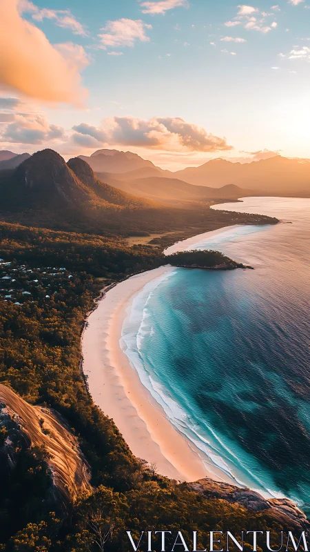Aerial coastal landscape in warm sunset photographic style.