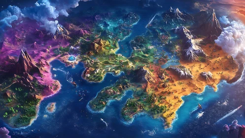 Mythic continents shimmer under storm-bright adventure skies.