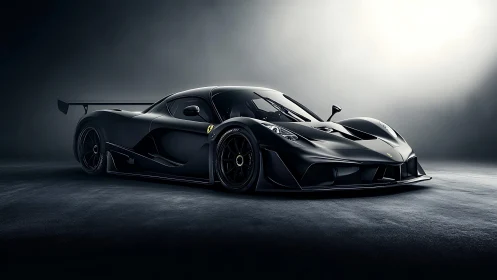 Sleek black hypercar rests in a calm, softly lit studio space