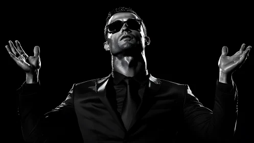 Cool confidence in sharp black suit and dramatic shadows.