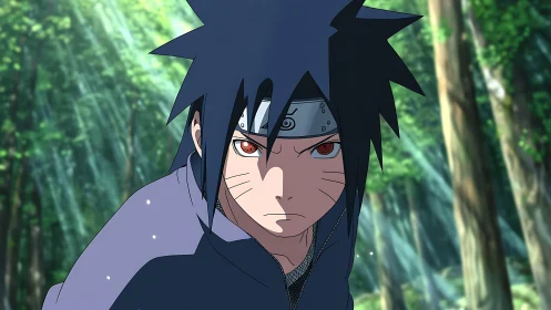 Determined anime ninja with headband in forest setting.