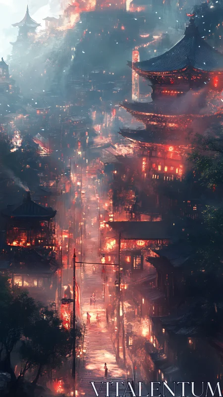 Neon-Lit Eastern City Street Descends Through Towering Architecture