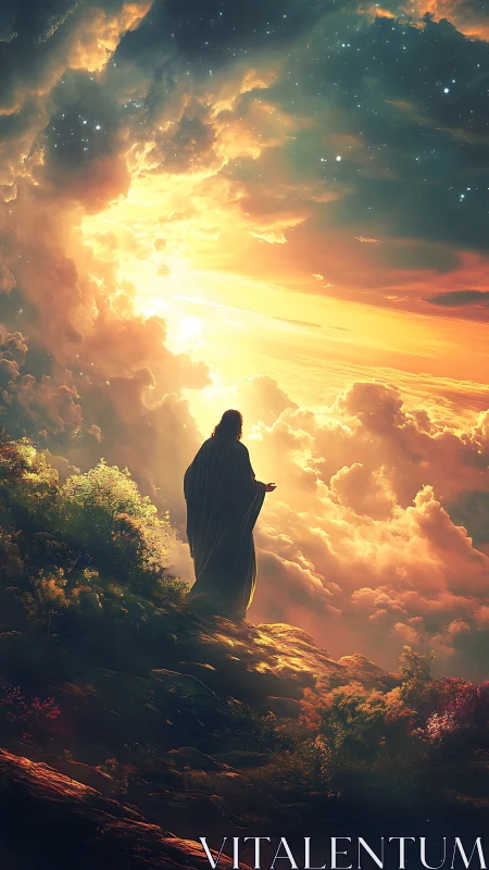 Robed silhouette on sunlit ridge beneath luminous cloud vortex