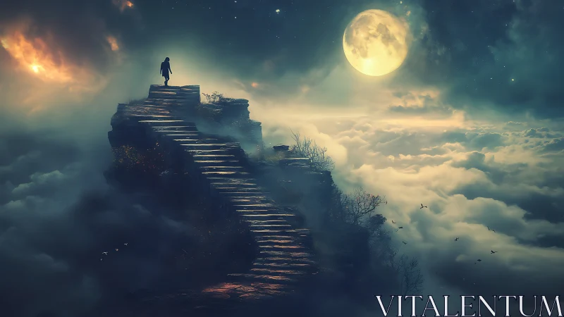 Stairway above clouds toward luminous full moon dreamscape.
