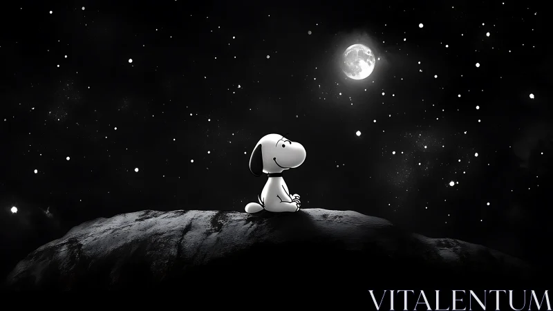 Cartoon dog stargazing alone on moonlit rocky hilltop.