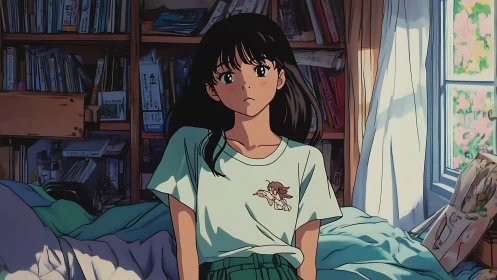 Anime girl in sunlit bedroom interior conveys quiet introspection