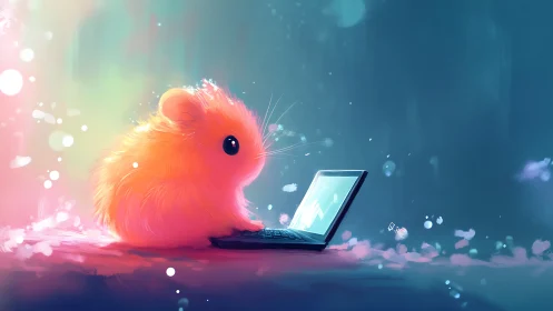 Orange fluffy rodent sits at open laptop in glowing light
