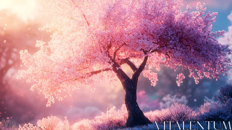 Cherry blossom tree rendered with soft bokeh and volumetric light