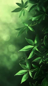 Green leaves hang in sharp focus over blurred light background