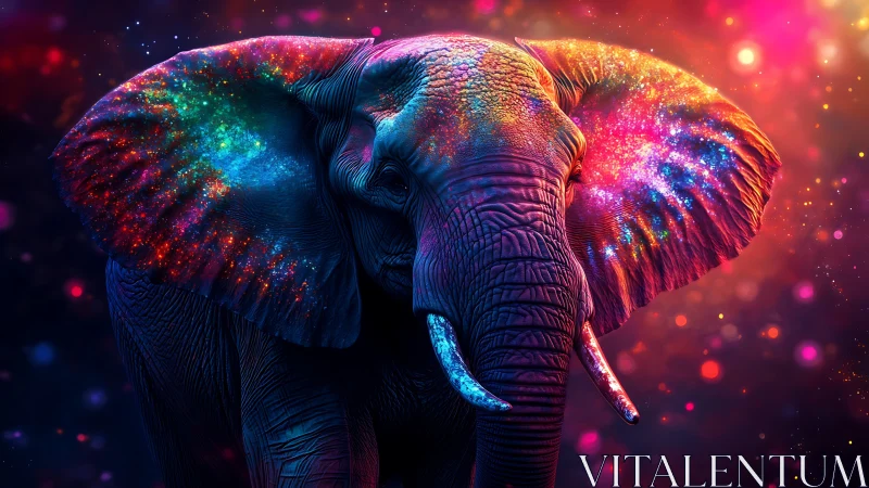 Elephant portrait with multicolored luminous ear patterns.
