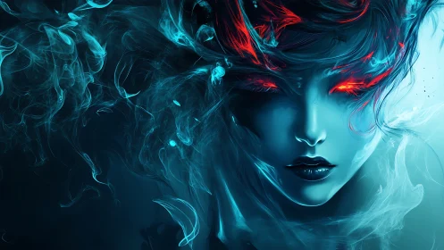 Sultry cyan apparition with blazing neon ember eyes.