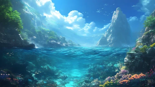 Digital seascape panorama with luminous tropical reef waterscape.