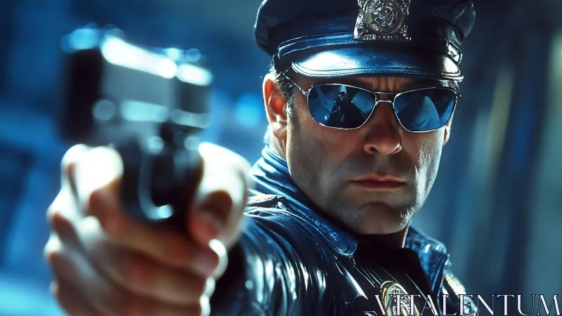 Tense closeup shows armed police officer aiming handgun.