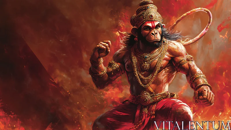 Fiery warrior Hanuman surges through swirling sacred flames.