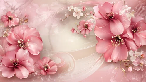 Pink Floral Composition with Abstract Background Elements