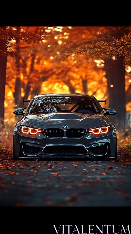 Lowered BMW coupe advances through luminous autumn corridor