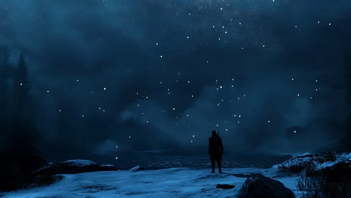 Silhouetted figure stands on snowy shore under dense starfield