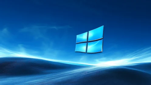 Windows-style glass logo floats over abstract blue waves