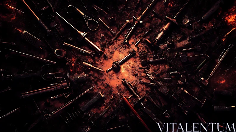 Glow of worn workshop tools in a moody, ember lit circle.