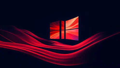 Luminous red waves flowing toward glowing window portal.