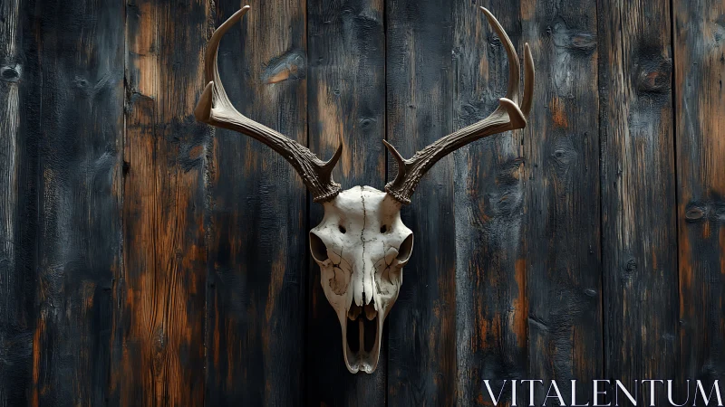 Weathered deer skull mount against charred timber wall.