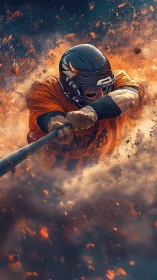 Helmeted baseball batter swinging bat amid dynamic debris field.