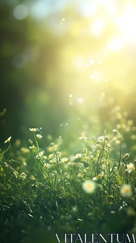 Sunlit wildflowers basking in glowing morning haze.