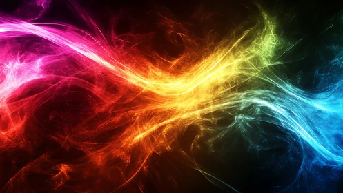 Dancing rivers of rainbow light swirling through darkness.