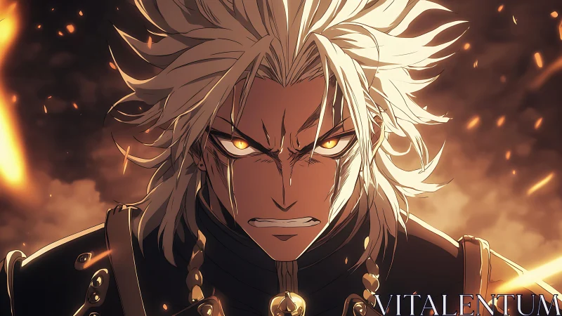 Dynamic anime warrior portrait with fiery dramatic lighting.