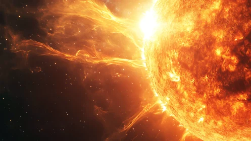 Solar surface erupts with streaming coronal plasma arcs.