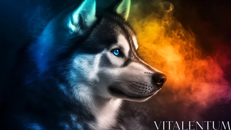 Husky portrait amid blue and fiery bicolor nebula haze.