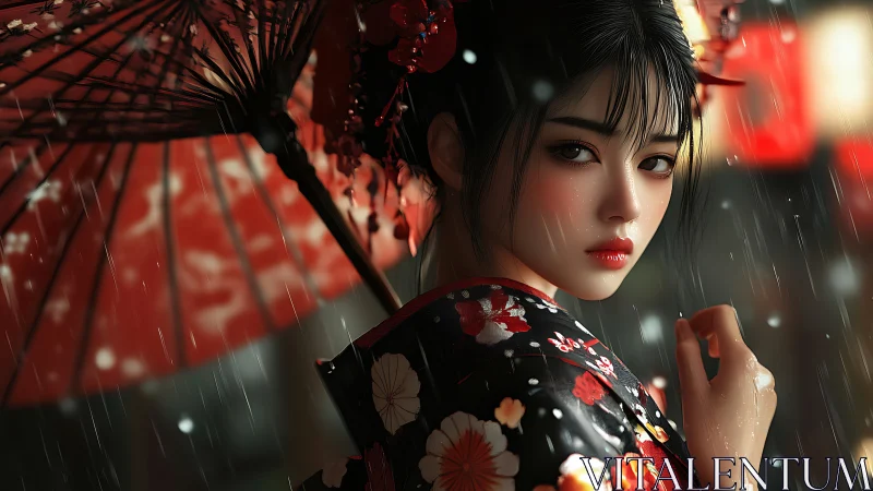 Woman in floral kimono holds red umbrella in night rain
