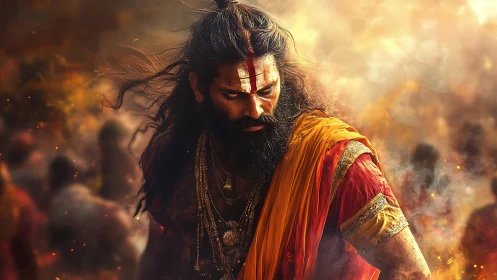 Firelit warrior sage striding through swirling sacred embers.