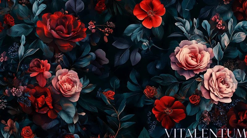 Dark Floral Arrangement with Red and Pink Blooms on Black