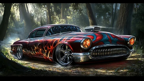 Lowrider hot rod with flame paintwork parked in forest